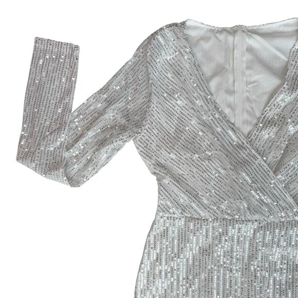 White Sequin Long Sleeve Dress Small V Neck Wrap Party Holiday Cocktail Glam - Picture 8 of 15